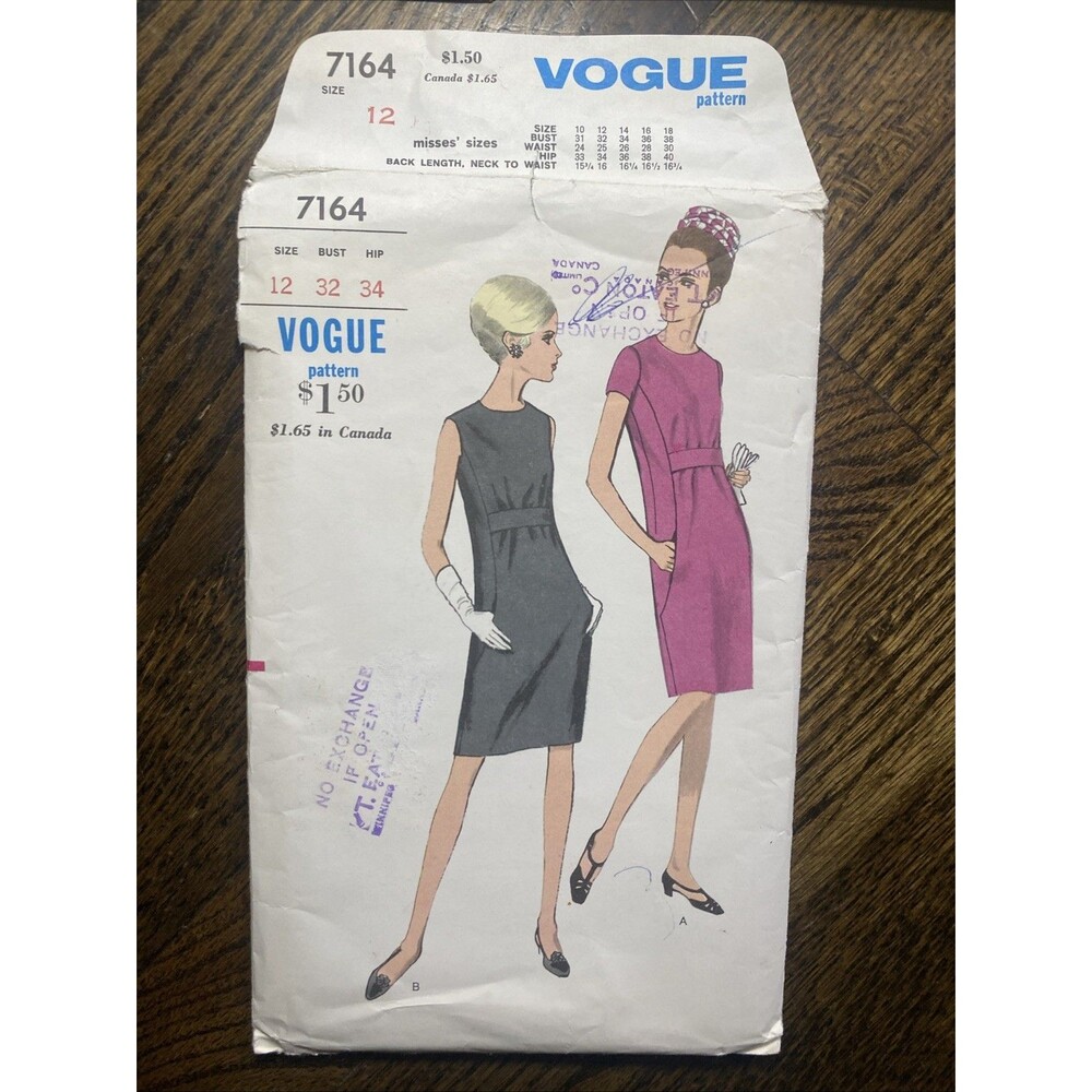 VTG 60s Vogue Retro Pattern One Piece Dress #7164 Sz 12 Bust 32 Hip 34 UNCUT FF
